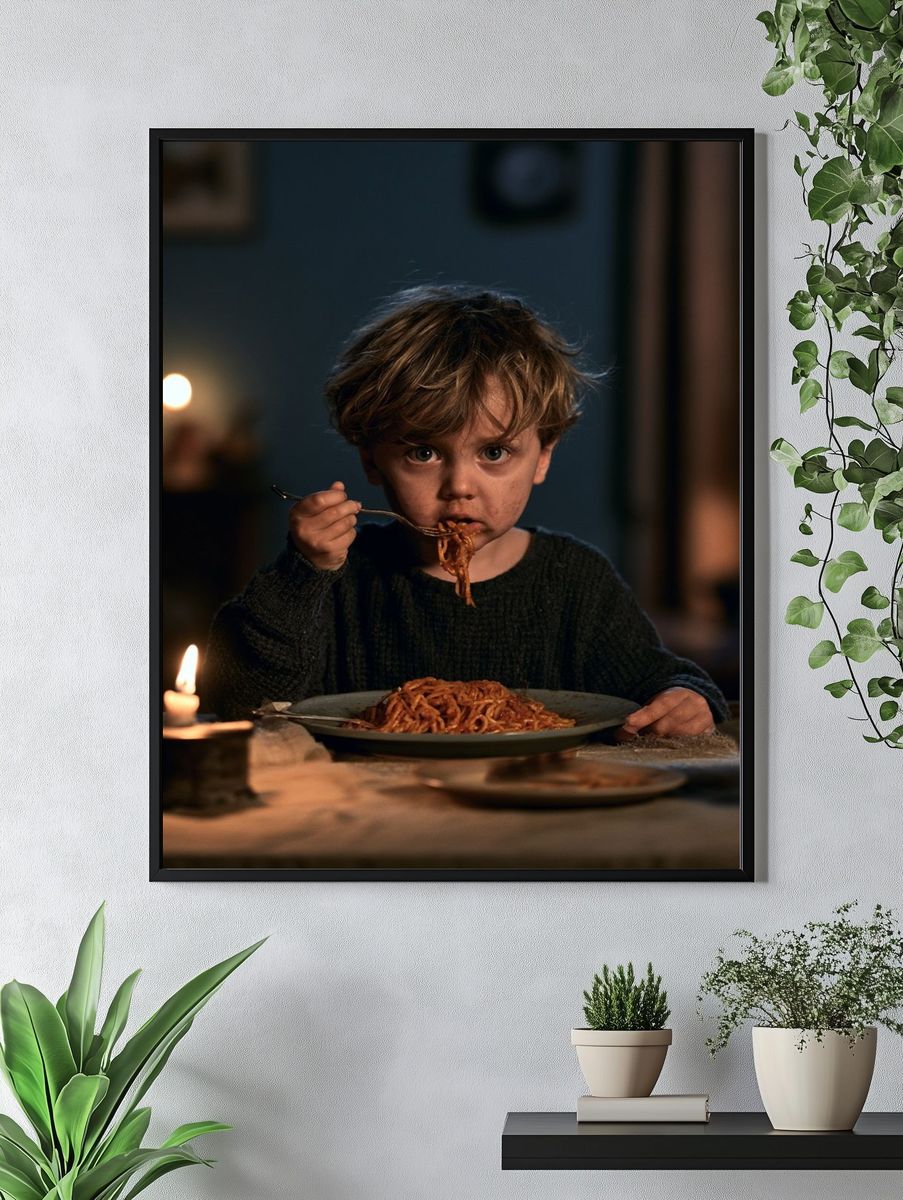 Child Eating Spaghetti Photography Poster. — room view 4