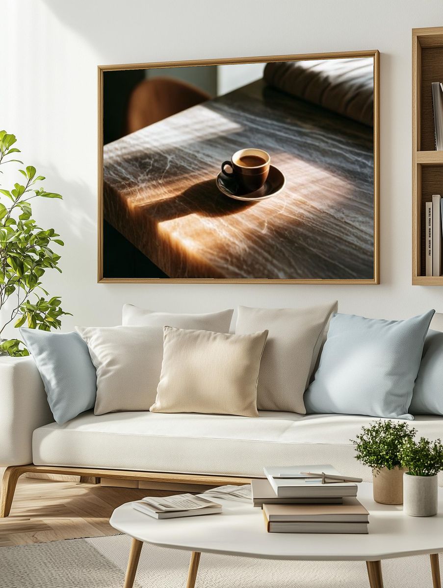 Sunlit Coffee Table Photography Poster. — room view 2