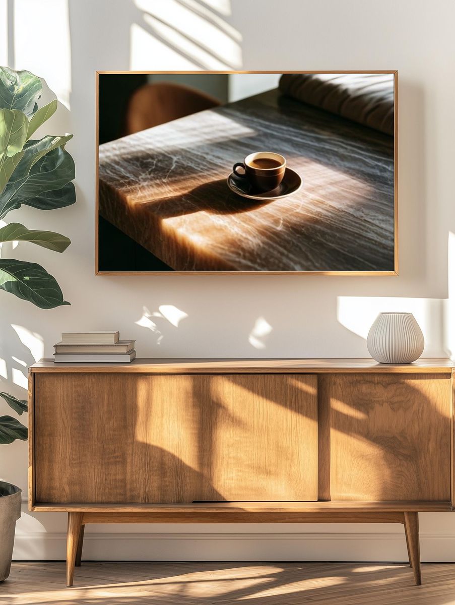 Sunlit Coffee Table Photography Poster. — room view 3