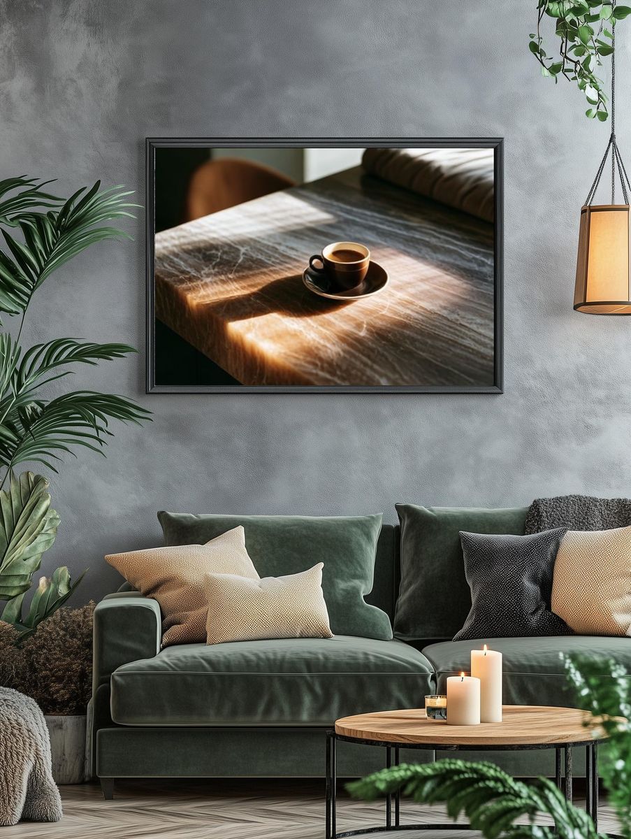 Sunlit Coffee Table Photography Poster. — room view 4