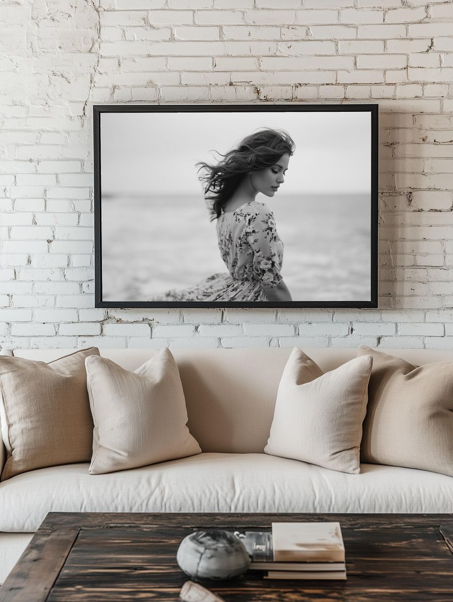 Windblown Woman Portrait Print. room preview