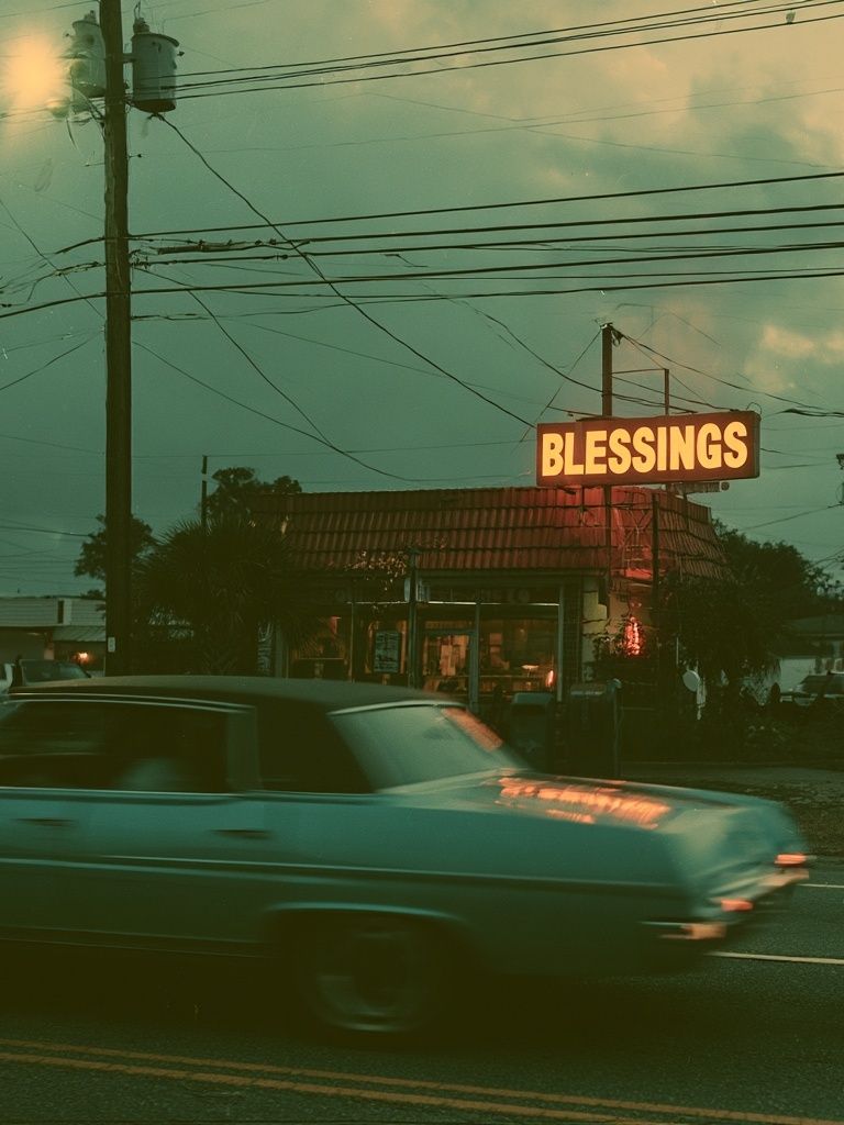 Blessings Neon Street Scene Poster. poster detail