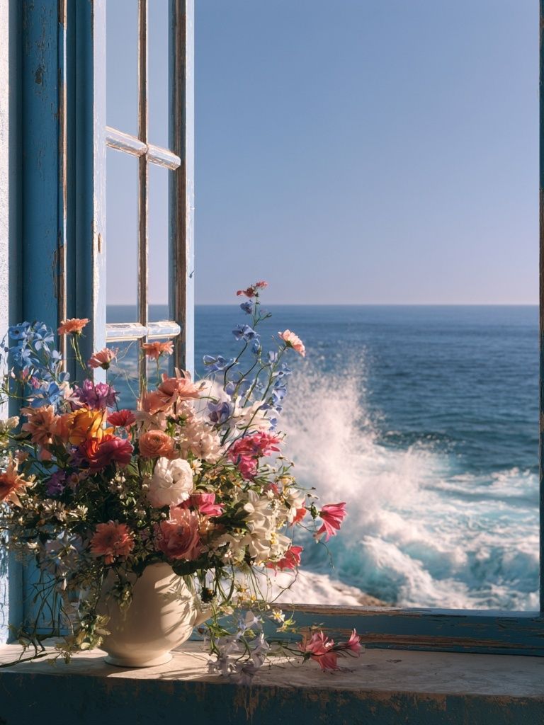 Seaside Window Flowers Photography Poster. poster — photography art