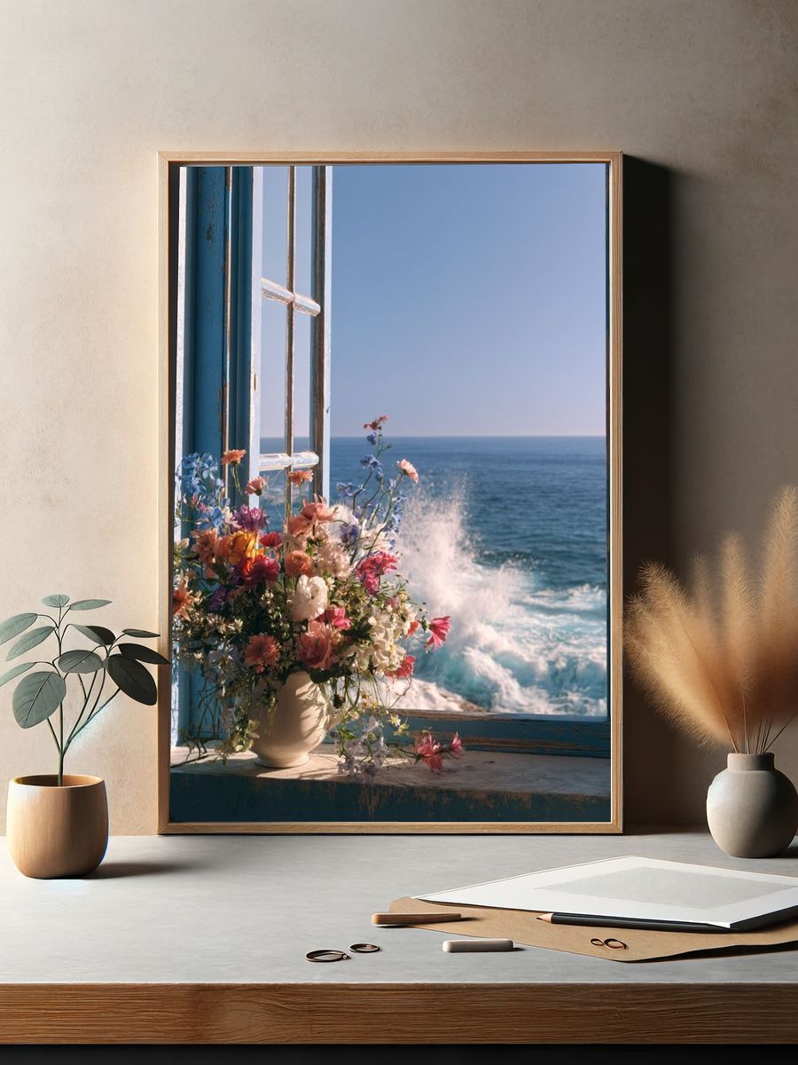 Seaside Window Flowers Photography Poster. — room view 2