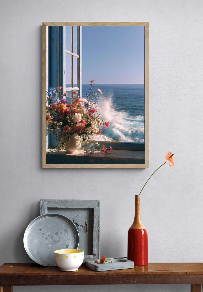 Seaside Window Flowers Photography Poster. — room view 3