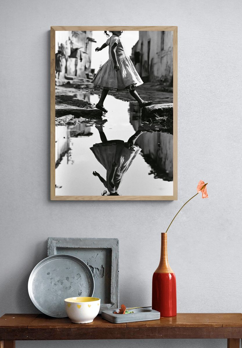 Girl Crossing Puddle Photography Poster. — room view 3