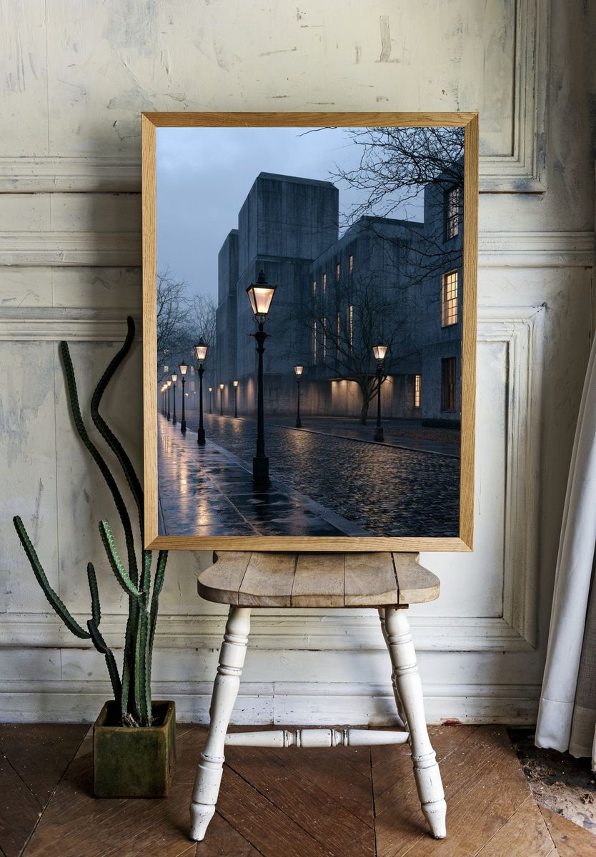 Foggy Cobblestone Street Photography Poster. — room view 1
