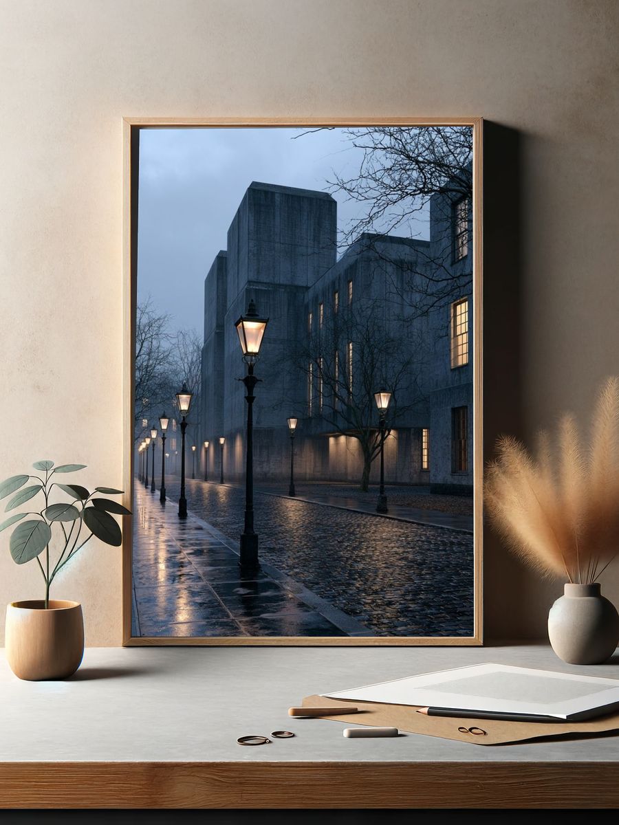Foggy Cobblestone Street Photography Poster. — room view 2