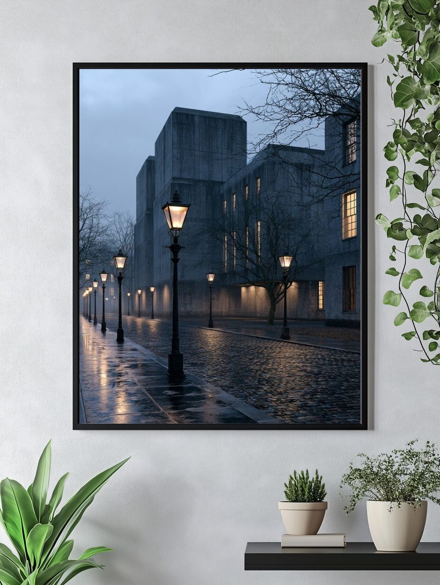 Foggy Cobblestone Street Photography Poster. — room view 4