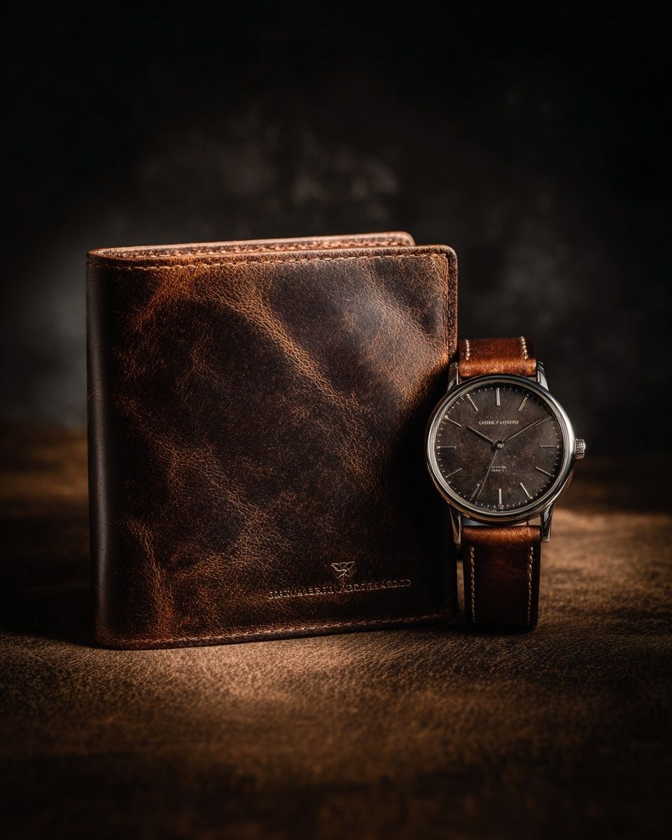 Leather Wallet and Watch Still Life Poster. poster — photography art