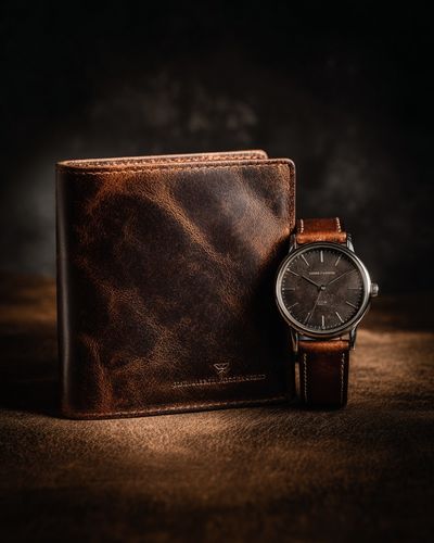 Leather Wallet and Watch Still Life Poster. poster