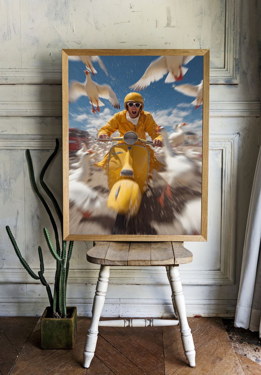 Yellow Scooter Chase Photography Poster. — room view 1