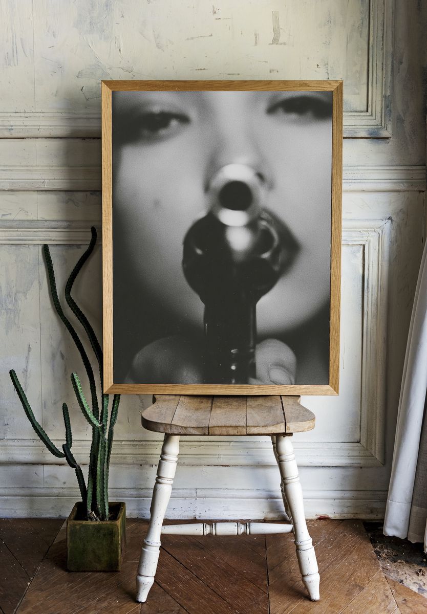 Surreal Face and Gun — Photography Print. — room view 1