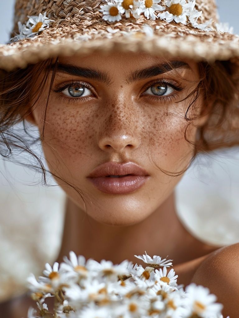 Freckled Woman in Straw Hat Poster. poster detail