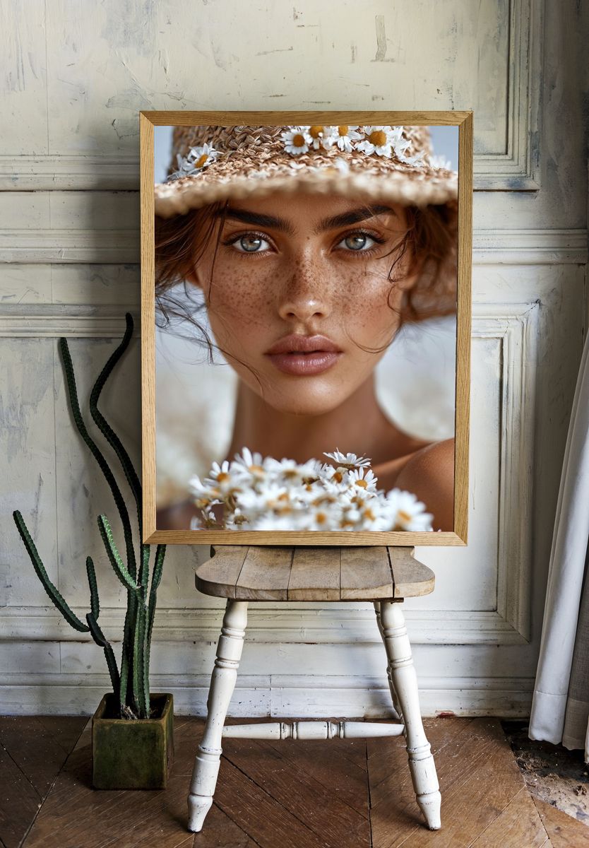 Freckled Woman in Straw Hat Poster. room preview