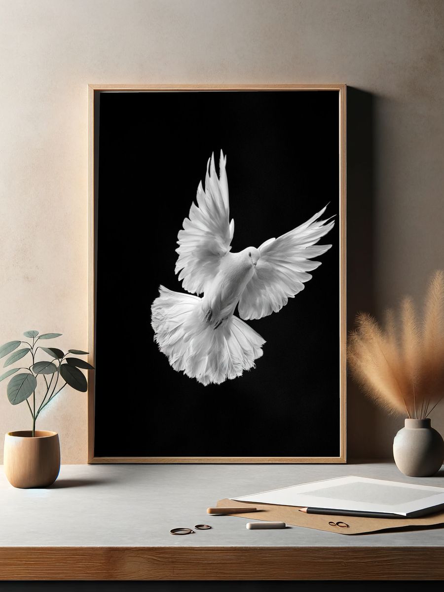 White Dove in Flight Photography Poster. — room view 2