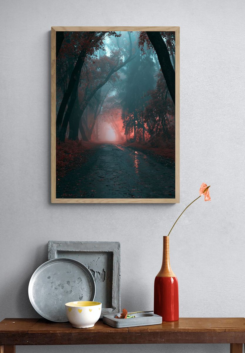 Misty Forest Path Photography Poster. — room view 3