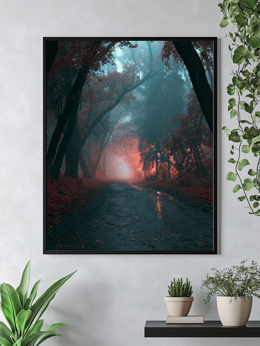Misty Forest Path Photography Poster. — room view 4