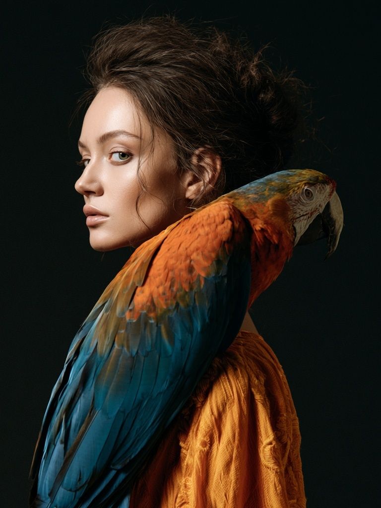 Woman with Parrot Portrait Print. poster detail
