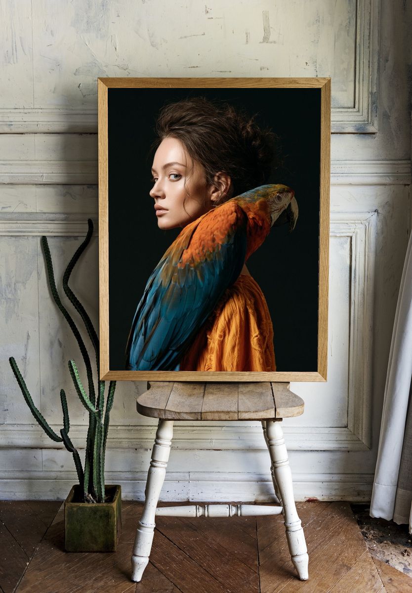 Woman with Parrot Portrait Print. — room view 1