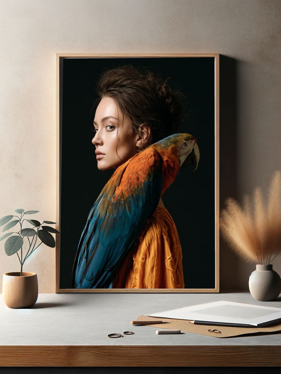 Woman with Parrot Portrait Print. — room view 2