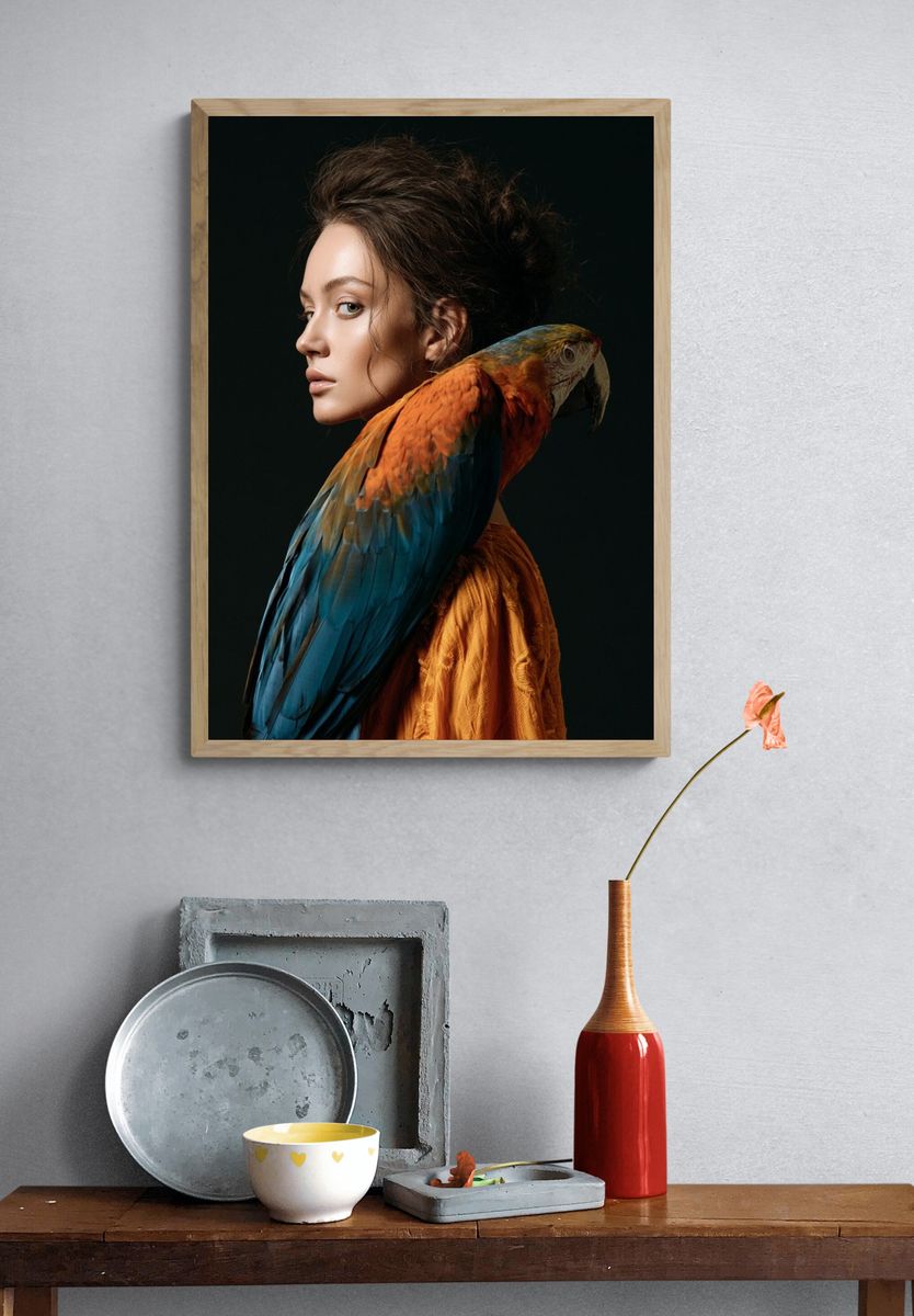 Woman with Parrot Portrait Print. — room view 3