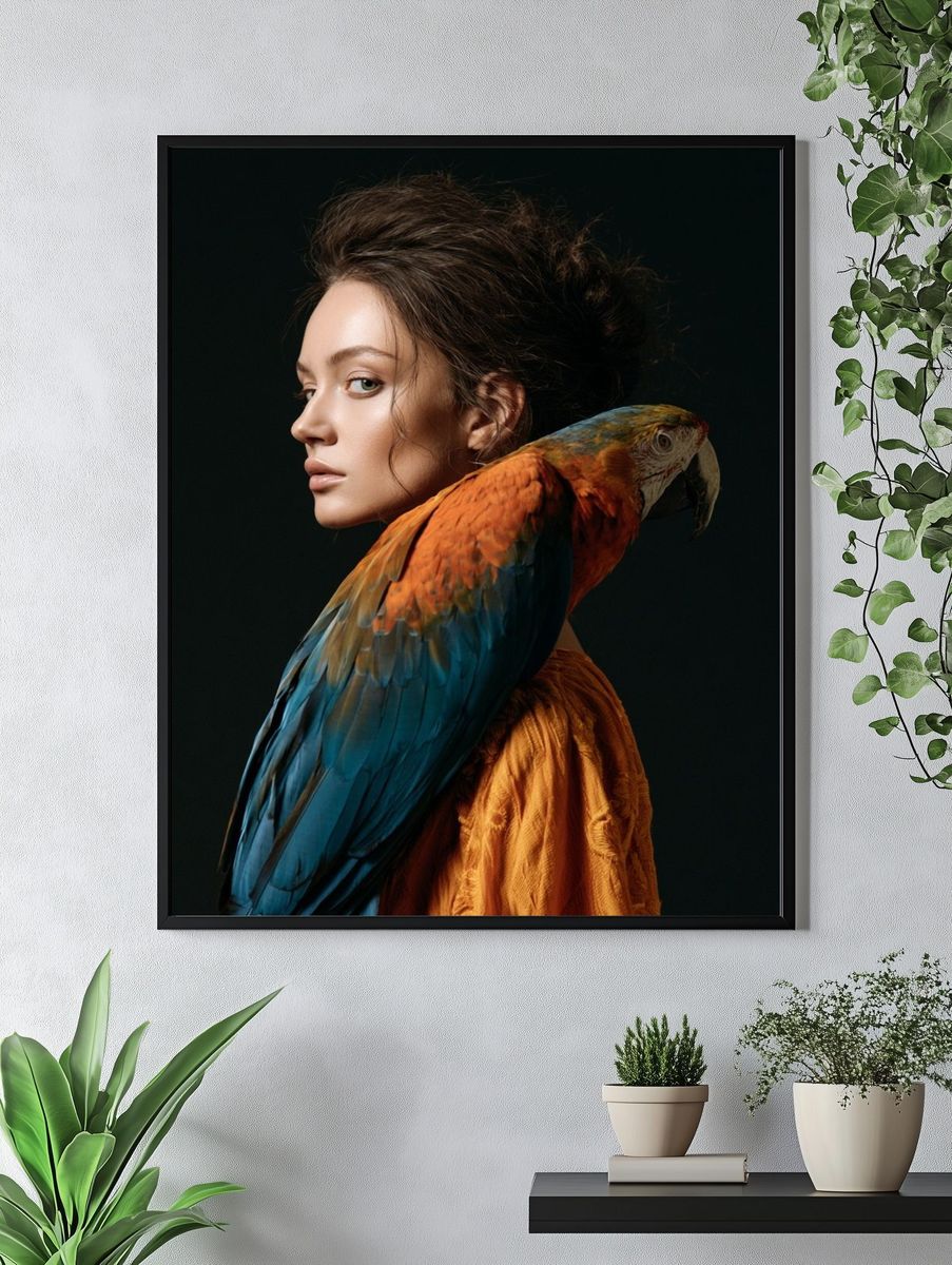 Woman with Parrot Portrait Print. — room view 4