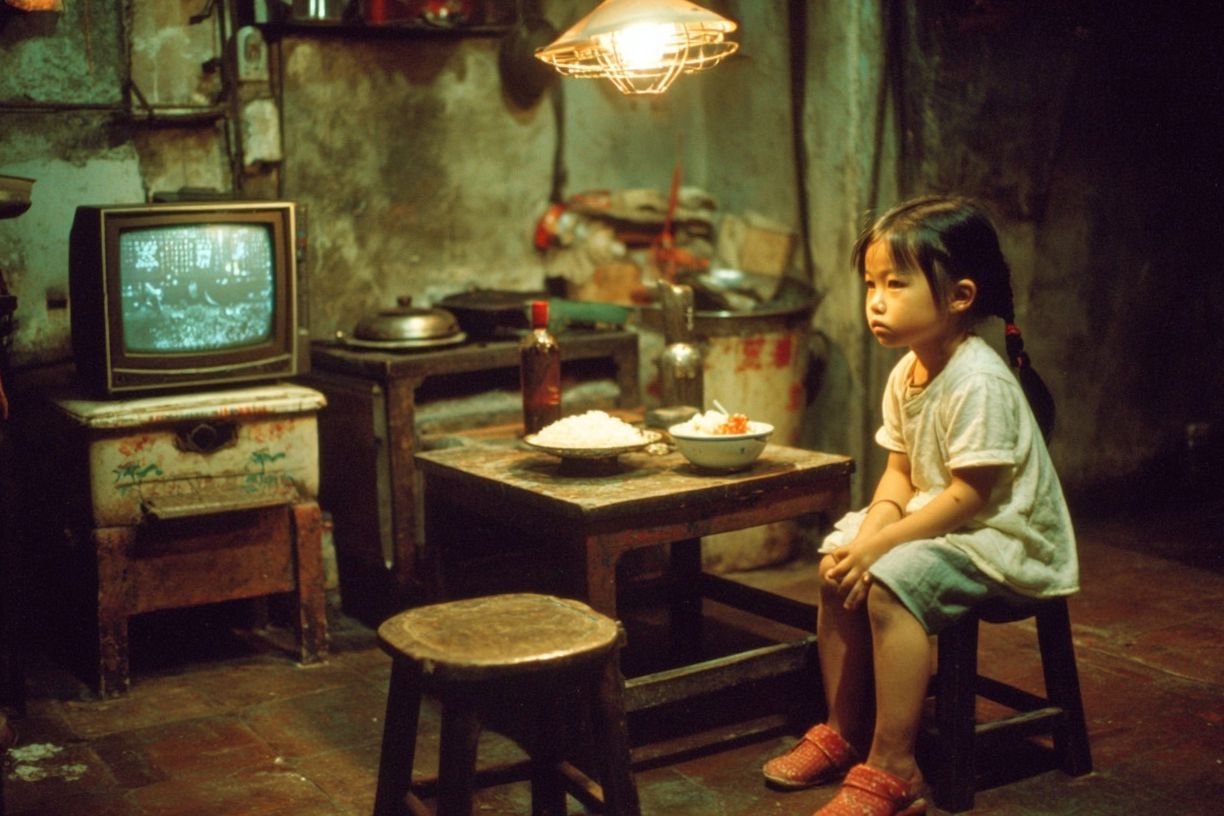 Solitary Child in Dim Kitchen Poster. poster detail