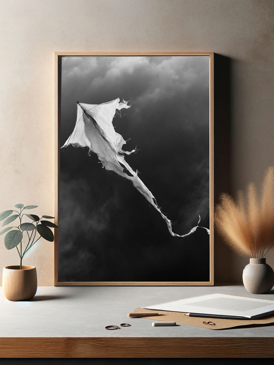 Tattered Kite Black-White Poster. — room view 2