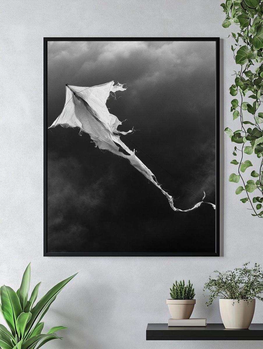 Tattered Kite Black-White Poster. — room view 4
