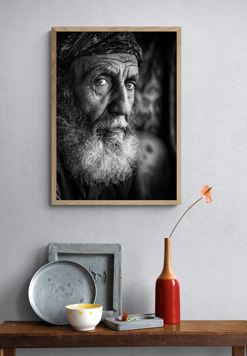 Elderly Man Portrait Black-White Poster. — room view 3