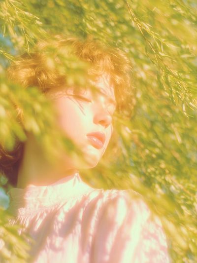 Sunlit Portrait in Green Foliage Poster. poster