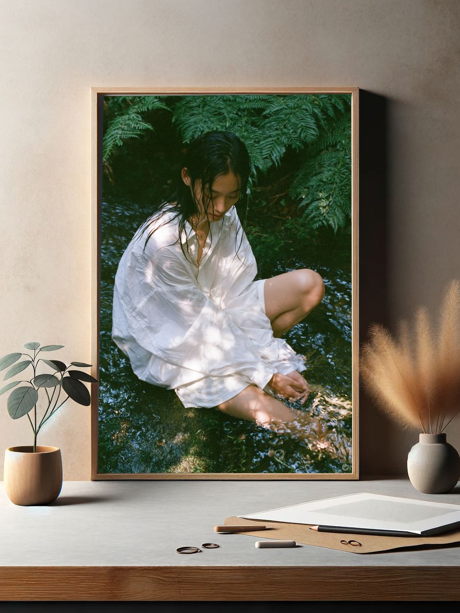 Serene Woman in Forest Stream Poster. — room view 2