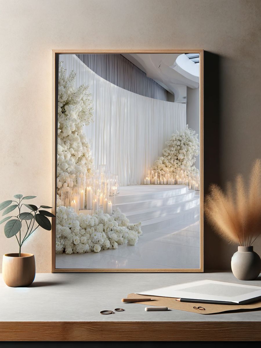White Floral Wedding Stage Photography Poster. — room view 2