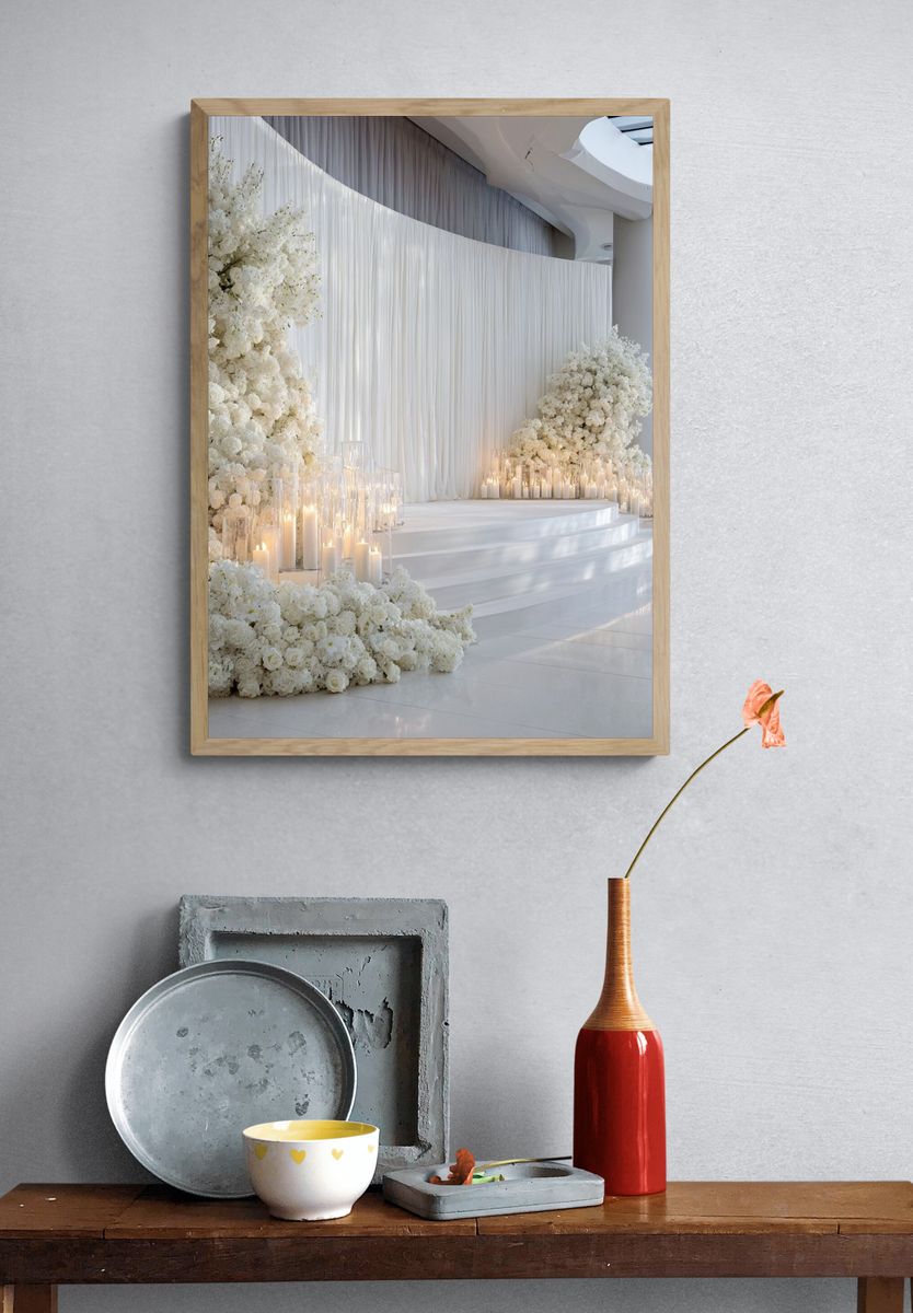 White Floral Wedding Stage Photography Poster. — room view 3