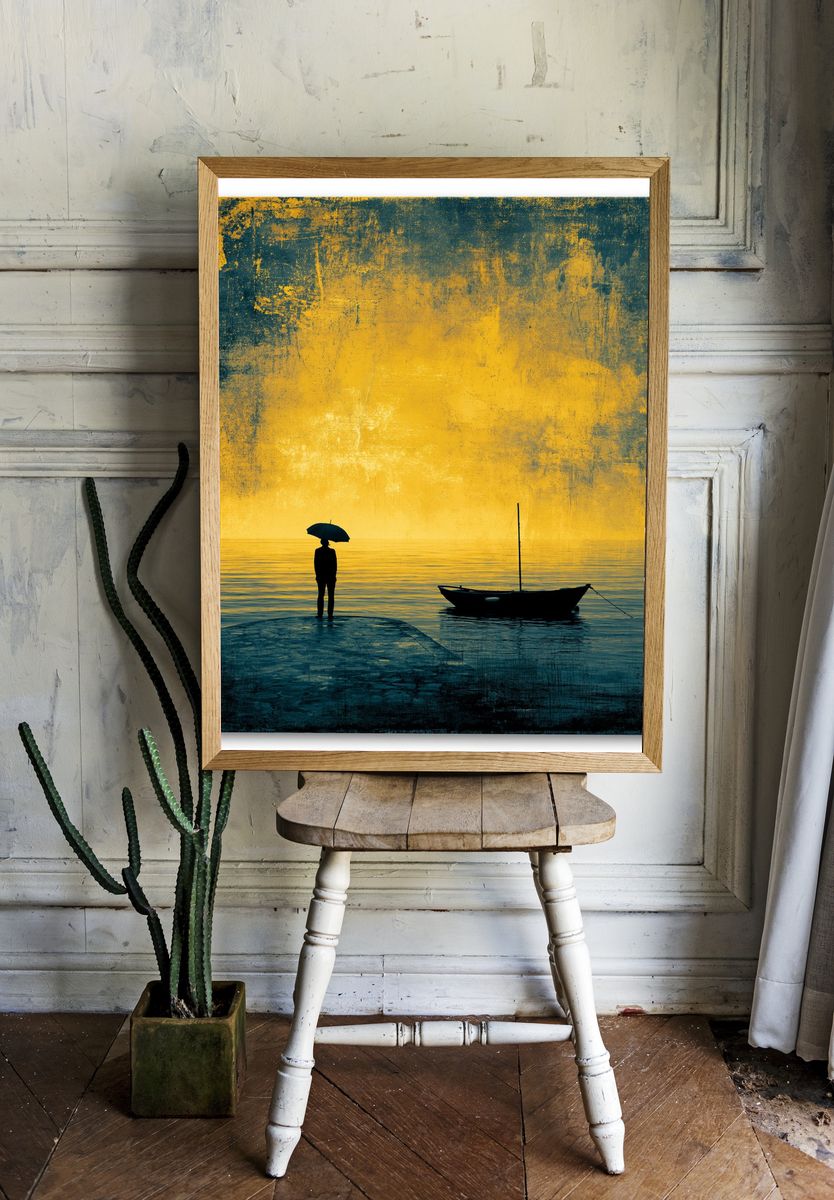 Solitary Boat at Sunset Photography Poster. room preview