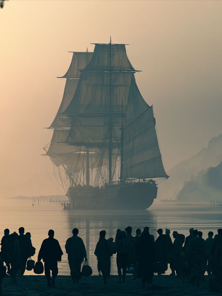Misty Tall Ship Harbor Poster. poster detail