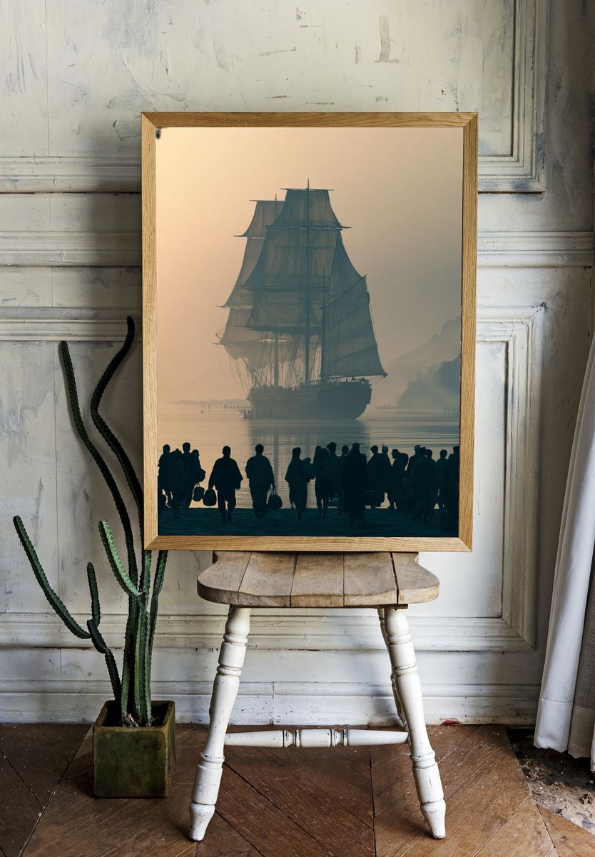 Misty Tall Ship Harbor Poster. room preview