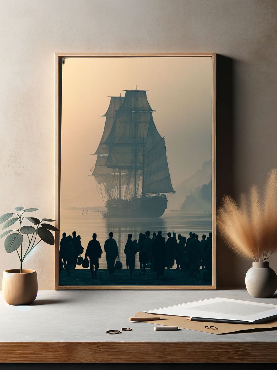 Misty Tall Ship Harbor Poster. — room view 2