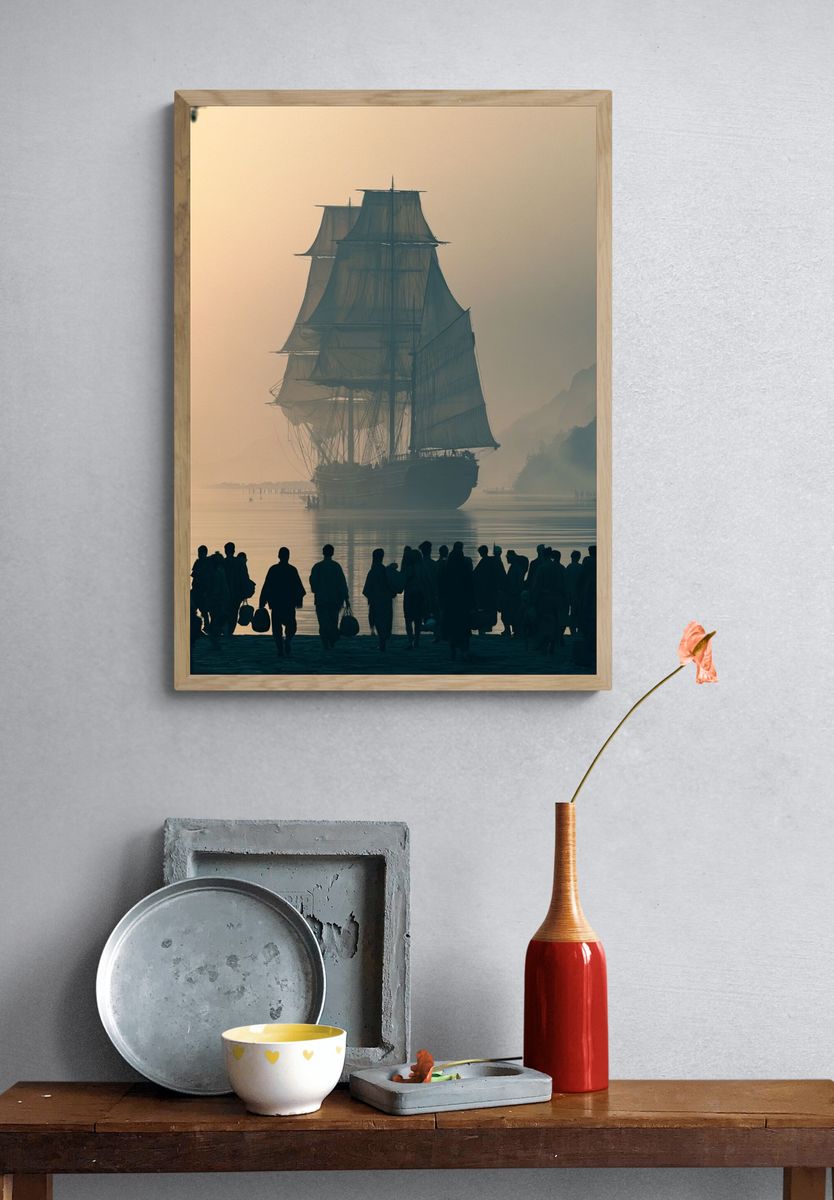 Misty Tall Ship Harbor Poster. — room view 3