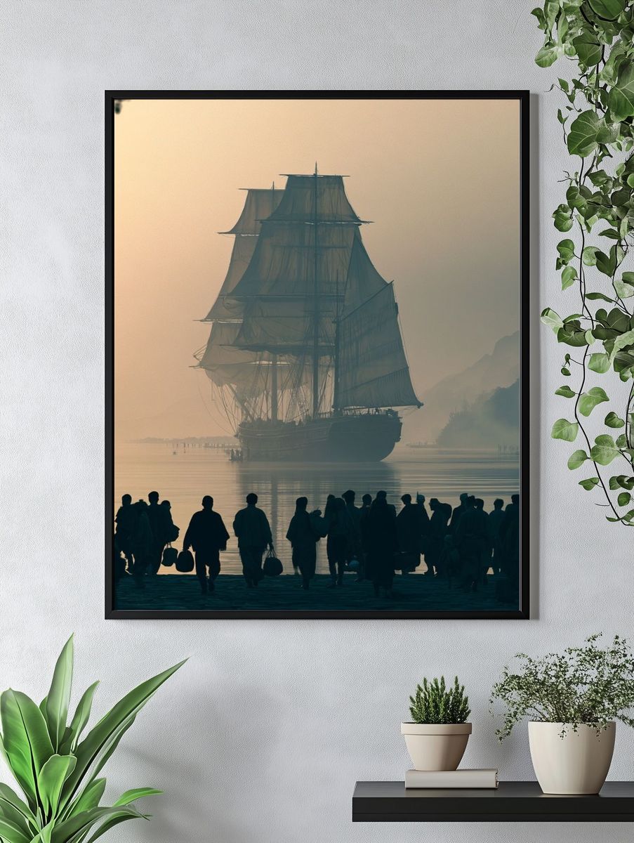Misty Tall Ship Harbor Poster. — room view 4