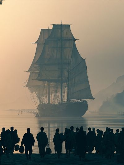 Misty Tall Ship Harbor Poster.