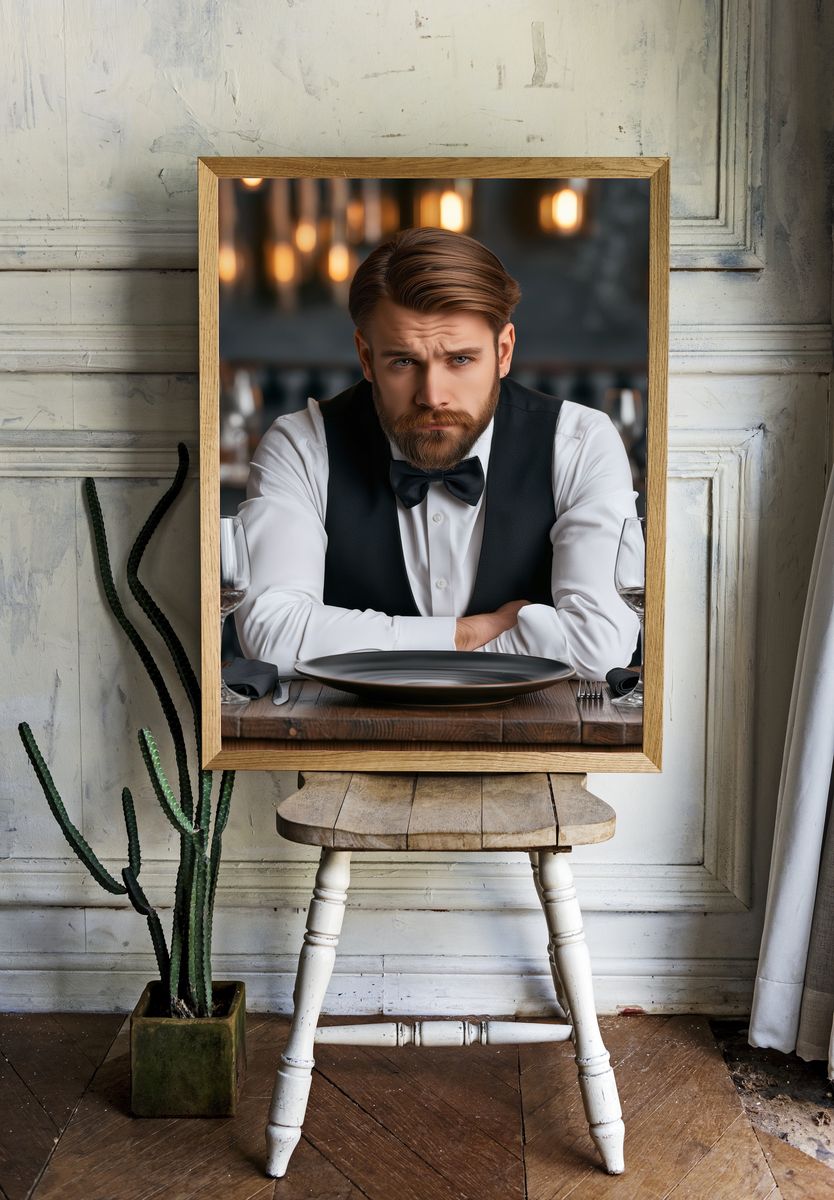 Brooding Waiter Portrait Print. — room view 1