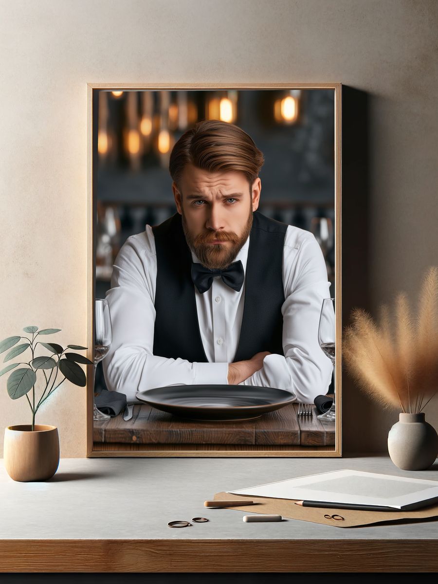 Brooding Waiter Portrait Print. — room view 2