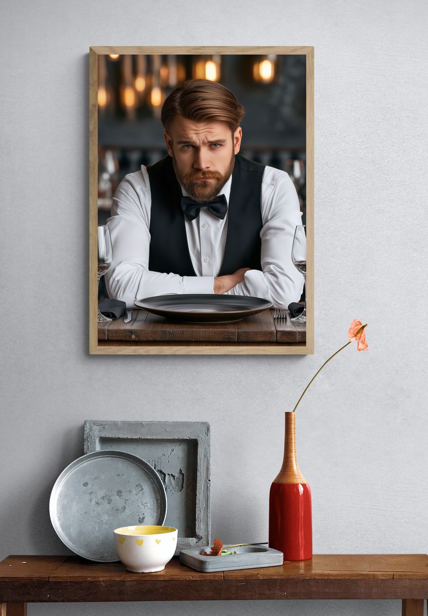 Brooding Waiter Portrait Print. — room view 3