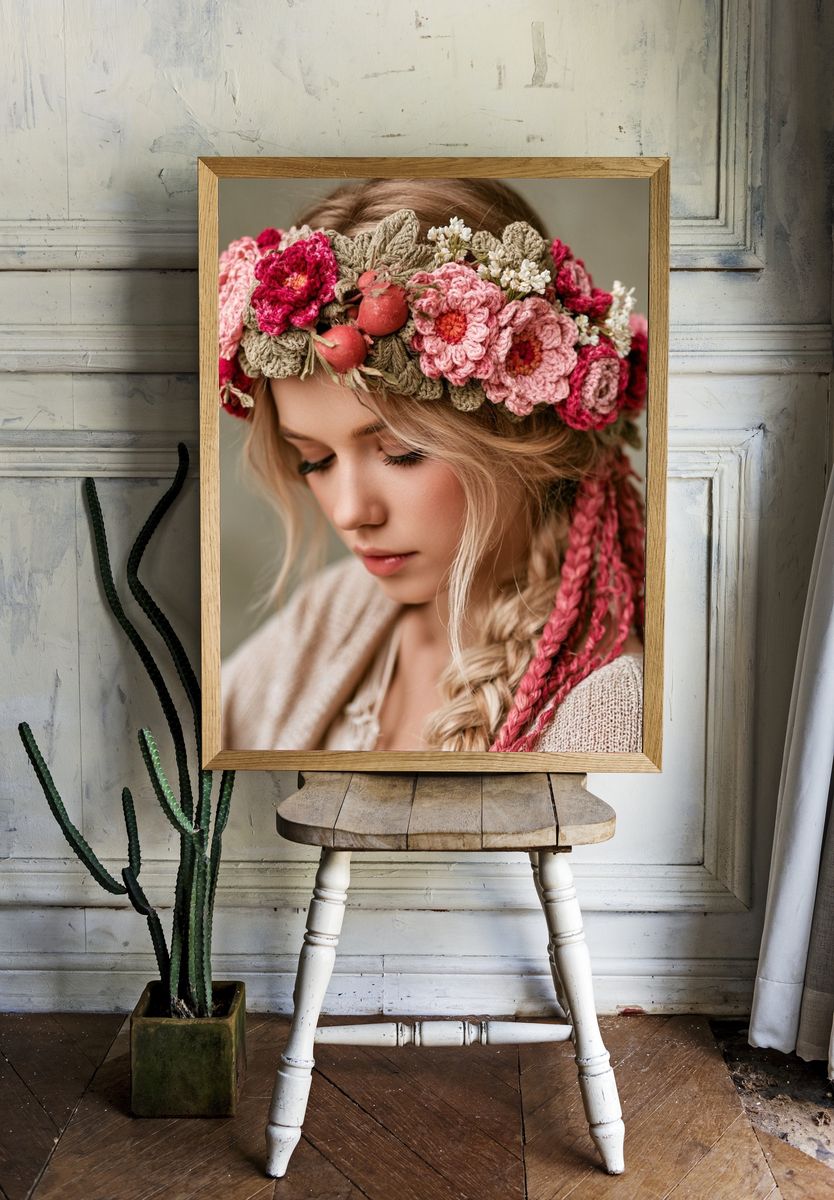 Crocheted Flower Crown Portrait Print. — room view 1