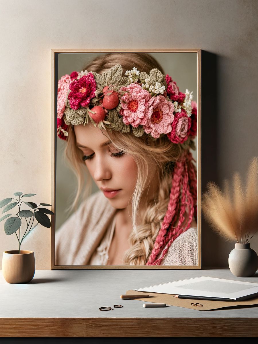 Crocheted Flower Crown Portrait Print. — room view 2