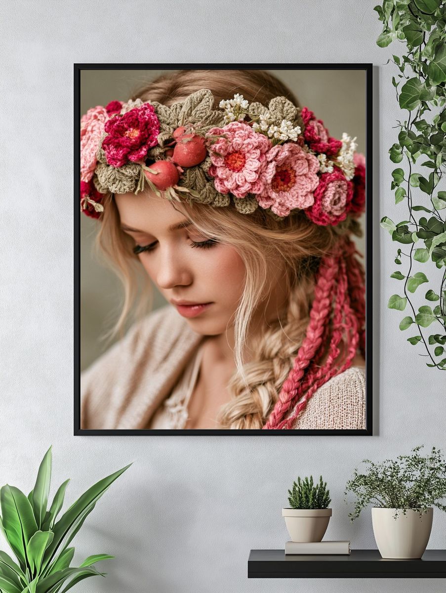 Crocheted Flower Crown Portrait Print. — room view 4
