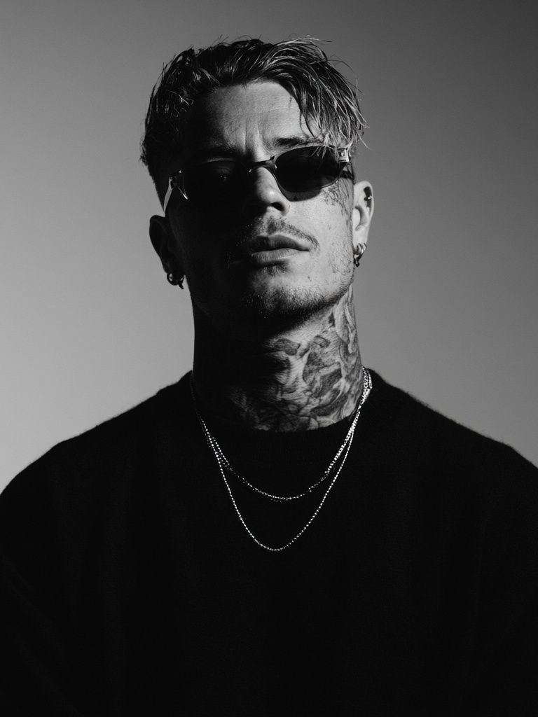 Tattooed Man in Sunglasses Portrait Print. poster detail