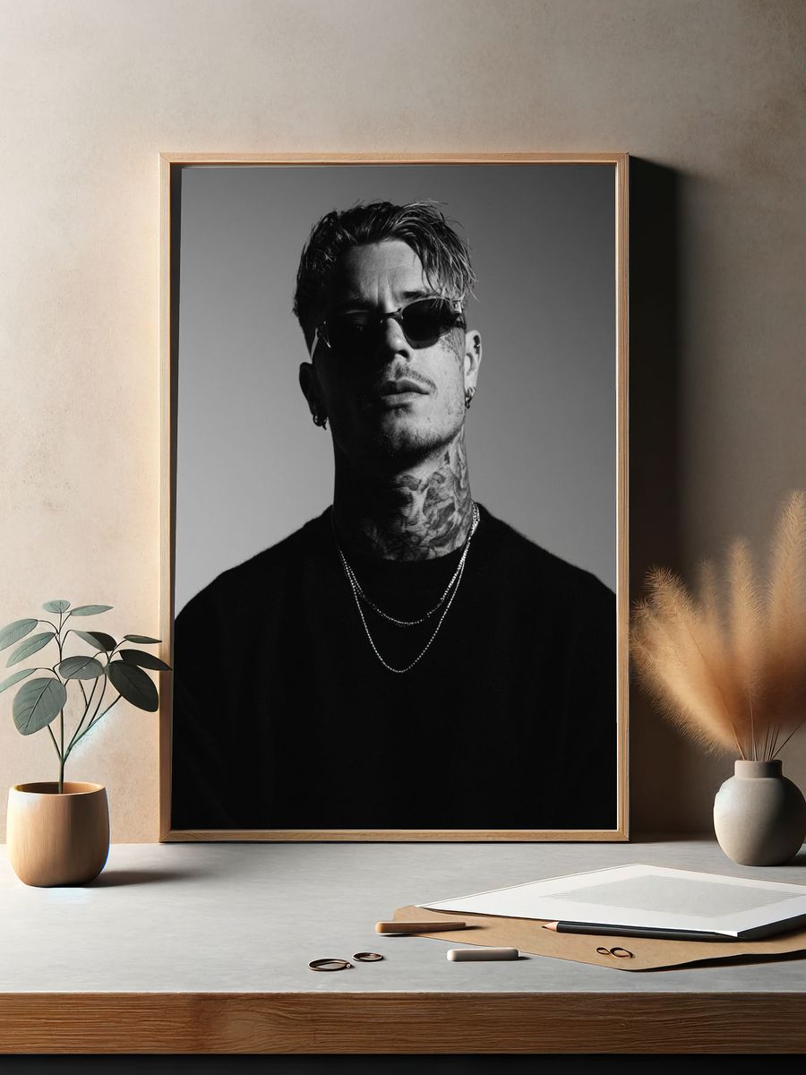 Tattooed Man in Sunglasses Portrait Print. — room view 2